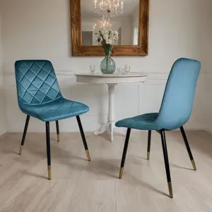 6x Plushore Turquoise Luxury Velvet Dining Chairs With Gold Tipped Black Legs