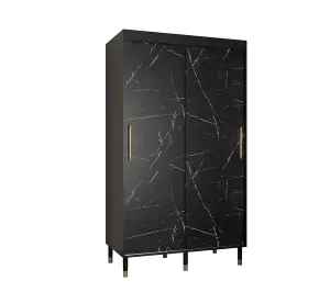 Bergen Contemporary 2 Sliding Door Wardrobe Gold Handles Marble Effect 5 Shelves 2 Rails Black (H)2080mm (W)1200mm (D)620mm