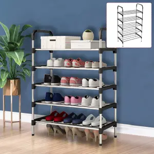 5 Tiers Black Freestanding Shoe Rack Shoe Storage Organizer Shelf Space Saving Display Shelves