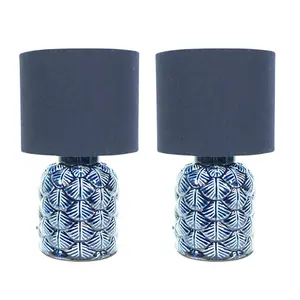 ValueLights Priyah Set of 2 - Navy Blue Textured Scallop Effect Ceramic Table Lamp with Drum Shade