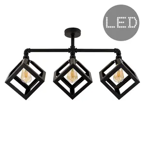 ValueLights Luiggi Satin Black 3 Way Bar Pipework Ceiling Light with Puzzle Cube Design Black Metal Shades and LED Bulbs