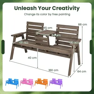 Costway Garden Wood Bench w/ Foldable Middle Table Outdoor 2-3 Person Slatted Seat Bench