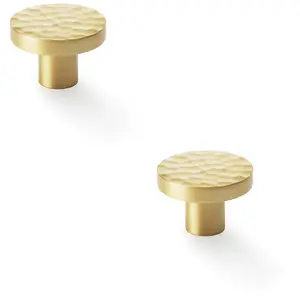 2 PACK - Slim Hammered Door Knob - Satin Brass 38mm Round Cupboard Cabinet Pull Handle