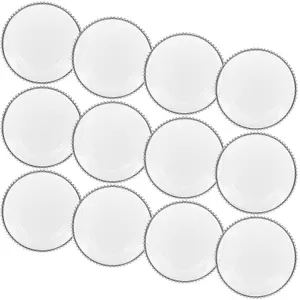 URBNLIVING 32cm Round 12 Pcs Clear Silver Rim Charger Plates Set with Metallic Beaded Coloured Rim