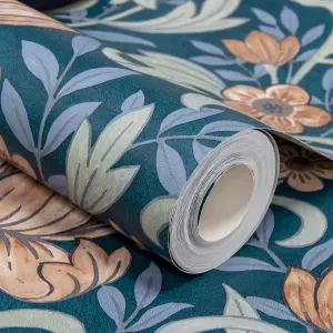 Grandeco Marian Floral trail Navy & terracotta Smooth Wallpaper