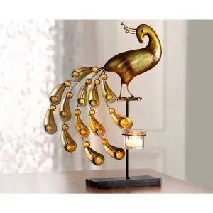 Peacock Design Tealight Holder - Elegant Gold Candleholder Home Tabletop Decoration with Gemstones - Measures H40cm x 32cm