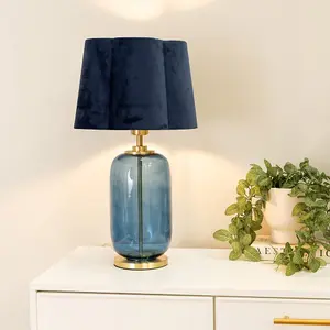 ValueLights Leigh Navy Blue Velvet Scallop Shade with Navy Blue Glass and Gold Trim Table Lamp