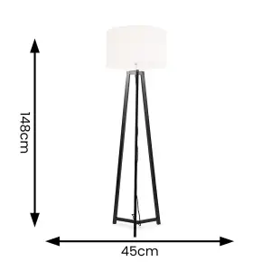 ValueLights Lottie Black Wood Tripod Floor Lamp with Cream Boucle Drum Shade - LED Bulb Included