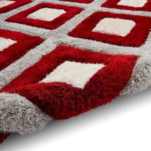 Grey Red Modern Shaggy Geometric Rug For Dining Room-80cm X 150cm