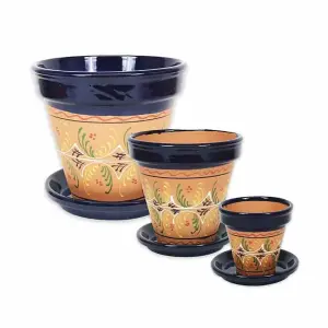 Inca Blue Hand Painted Set of 3 Classic Plant Pots & Drainage Plates (D) 16-29cm