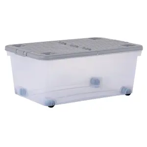 5 x Wham 45L Stackable Plastic Storage Box with Wheels & Folding Lid Clear/Cool Grey