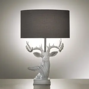 White Resin Stag Table Lamp with Sculptured Antlers with Grey Table Lamp Shade