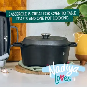 Prestige Nadiya Black Round Cast Iron Dishwasher Safe Induction Suitable Casserole Dish with Lid 4.5L