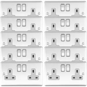 10 PACK 2 Gang Double UK Plug Socket SATIN STEEL & Grey 13A Switched Outlet