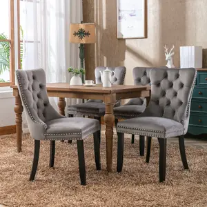 Pair of Lux Grey Velvet Kitchen Dining Chairs with Pull Knocker Wing Back Home Office Bedroom Chairs