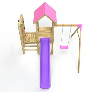 Rebo Wooden Climbing Frame with Vertical Rock Wall, Swing Set and Slide - Rushmore+ Pink