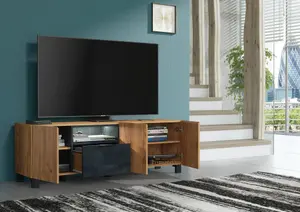 Furneo 150cm TV Stand Oak & Black Concrete Effect Unit Cabinet White LED Lights Enzo 04