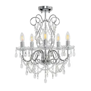 ValueLights Viscount 5 Way Silver Chrome Ceiling Light Chandelier with Lead Crystal Droplets