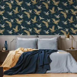 Sublime Kranes Petrol Blue Animal Wallpaper