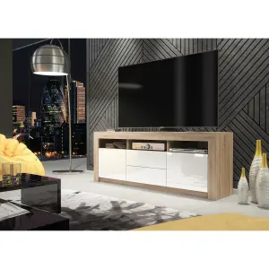 Modern TV Unit 160cm Oak with High Gloss White Doors - Creative Furniture