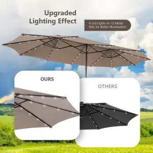 Costway 4.5m Double-Sided Patio Parasol with Stand Outdoor Twin Market Umbrella w/ Solar LED Lights