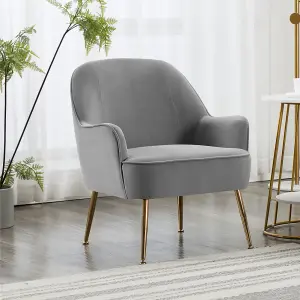 Grey Velvet Effect Relaxer Chair Occasional Armchair with Gold Plated Feet