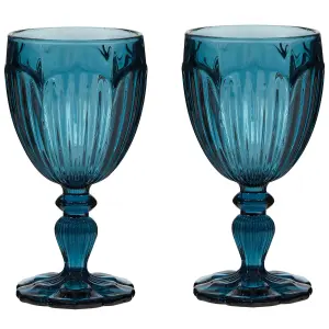 Set of 2 Luxury Embossed Blue Drinking Wine Glass Wine Goblets 280ml