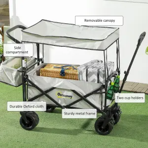 Outsunny Outdoor Push Pull Wagon Stroller Cart w/ Canopy Top Grey