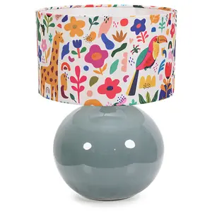 ValueLights Bosco Eucalyptus Ceramic Table Lamp with Jungle Print Drum Shade