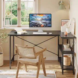 L-Shaped Desk (120 or 140cm x 90cm) Corner Desk with Adjustable Shelves by Aliff Black / 74cm H x 140cm W x 90cm D