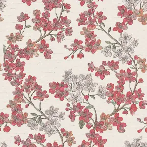 Design id Cream White Cherry Blossom Floral Print Red Petals Vinyl Wallpaper