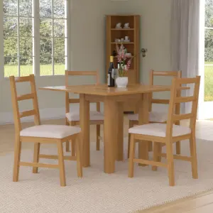 Hallowood Furniture Waverly Small Folding Table with 4 Ladder Back Oak Chairs with Beige Fabric Seats