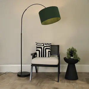 ValueLights Louis Black Arched Curved Floor Lamp with Forest Green Fabric Drum Lamp Shade and LED Bulb