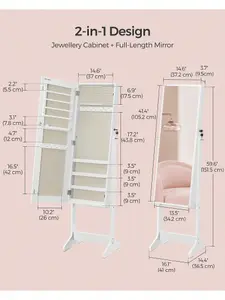 SONGMICS Mirror Jewellery Cabinet Armoire, Standing Full-Length Mirror, Lockable Jewellery Organiser, Gift Idea