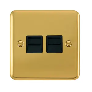 Curved Polished Brass Master Telephone Twin Socket - Black Trim - SE Home