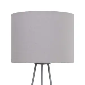 First Choice Lighting Tripod Silver Tripod Table Lamp with Ring Detail and Grey Fabric Shade