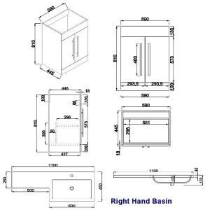 SunDaze 1100mm Gloss White Bathroom Combined Furniture L-Shape Vanity Unit Right Handed Basin Sink