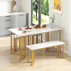 COSTWAY 4 Piece Dining Table Set Rectangular Kitchen Table with Bench & 2 Stools