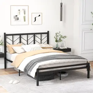 COSTWAY Metal Platform Bed w/ Branch-shaped Headboard Bed Frame King Size