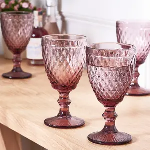 Set of 12 Vintage Luxury Red Diamond Embossed Drinking Wine Glass Wine Goblets 270ml