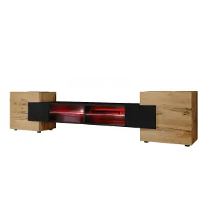 Merano Wide TV Unit with Storage & Led Lighting - Black Gloss / Wotan Oak