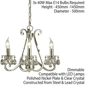 Esher Ceiling Pendant Chandelier Polished Nickel & Crystal Curved 3 Lamp Light