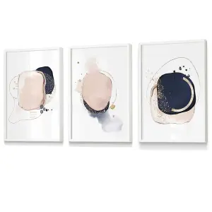 Set of 3 Framed Abstract Navy Blue and Blush Pink Wall Art Prints / 30x42cm (A3) / White Frame