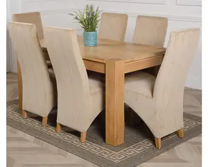 Kuba 150 x 85 cm Chunky Medium Oak Dining Table and 6 Chairs Dining Set with Lola Beige Fabric Chairs