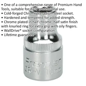 Premium 10mm Steel Drive Socket - 1/2 Inch Square Drive - Chrome Vanadium Wrench Tool