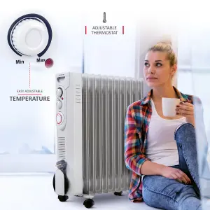 NETTA Oil Filled Radiator 2500W Portable Electric Heater with Thermostat & 24 Hour Timer - 11 Fin, Grey