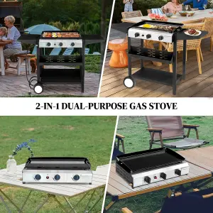 Portable 3 Burner Gas Grill BBQ Stainless Steel Outdoor Propane Cooktop with Foldable Stand