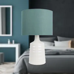 First Choice Lighting Ripple Off White Ribbed Ceramic Table Lamp with Teal Fabric Shade