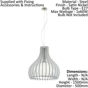 Pendant Ceiling Light Colour Satin Nickel Shade White Wood Glass Bulb E27 1x60W