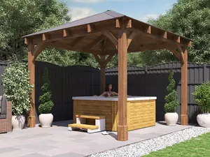 Dunster House Wooden Heavy Duty Gazebo 3 x 3 Metres Pressure Treated Hot Tub Shelter With Roof Shingles Leviathan